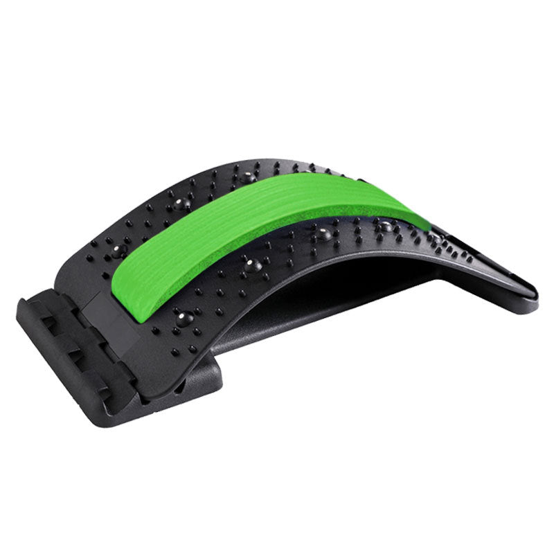 lumbar back massager with green padding, designed for fitness and health care, made of ABS and memory material.