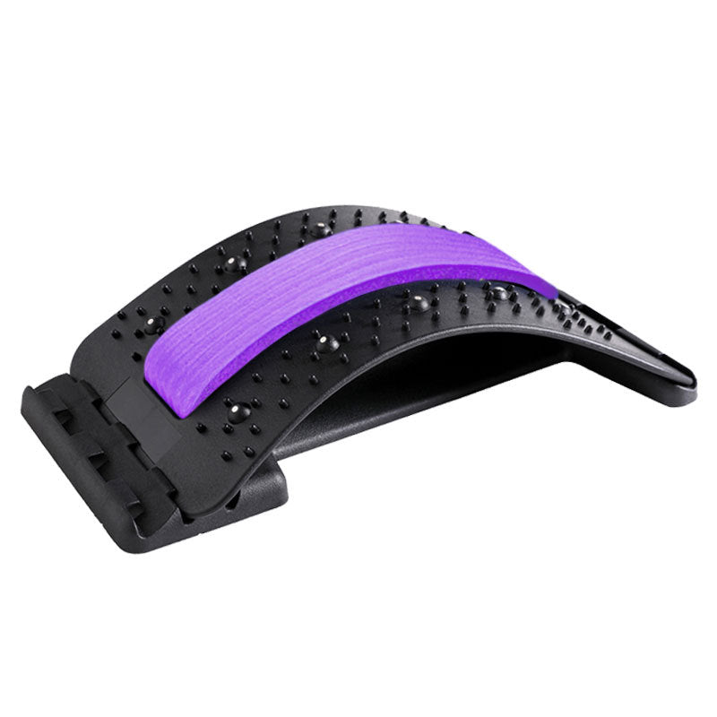 Lumbar back massager with a curved design and purple cushioning for effective spinal alignment and massage.